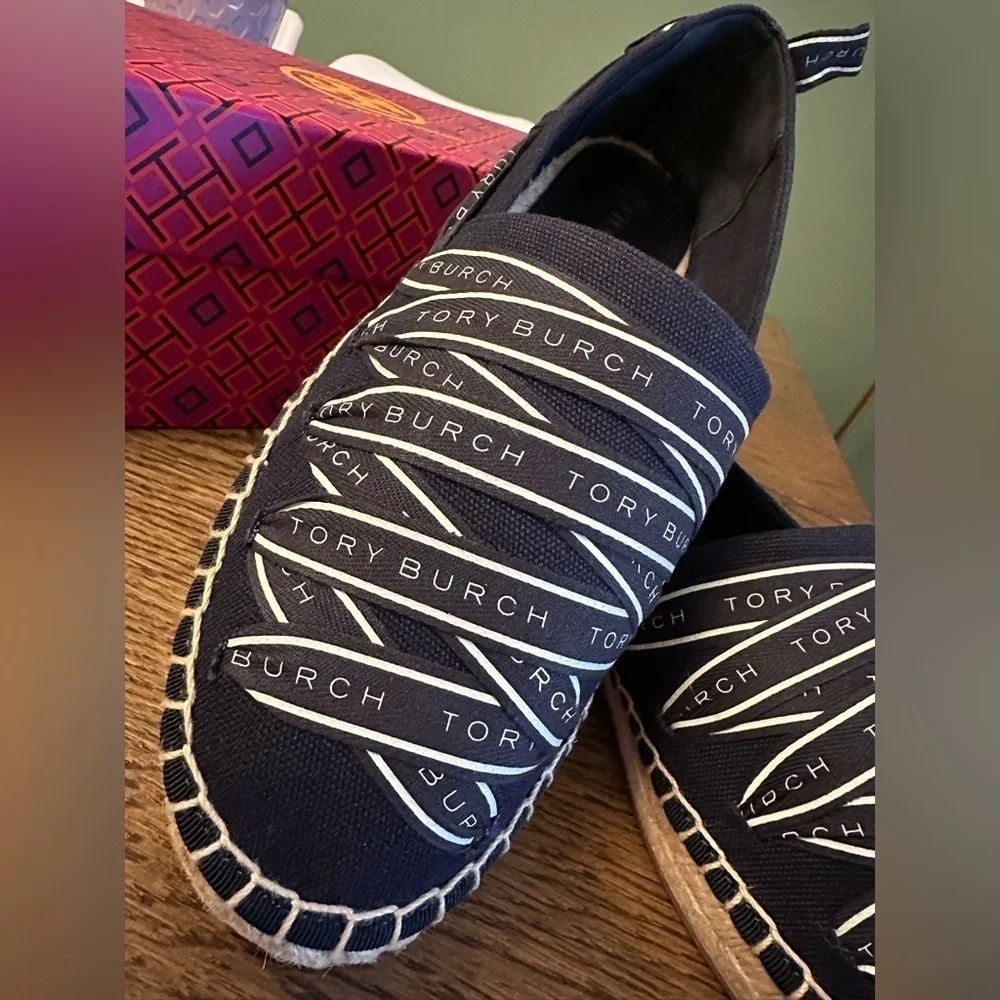 NWT! NEW! Tory Burch Ribbon Canvas Espadrilles -Perfect Navy limited size